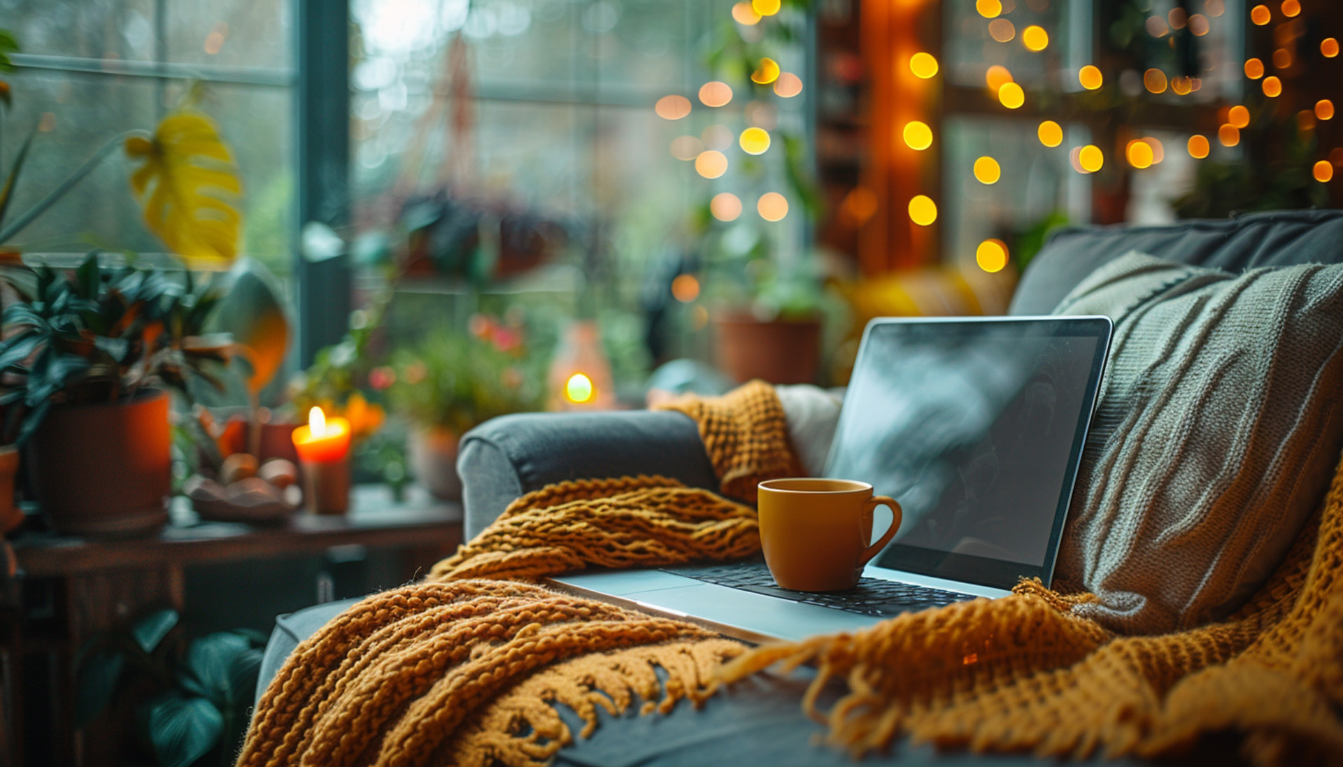 A laptop and a mug of tea on a sofa with a knitted blanket, plants and soft fairy lights