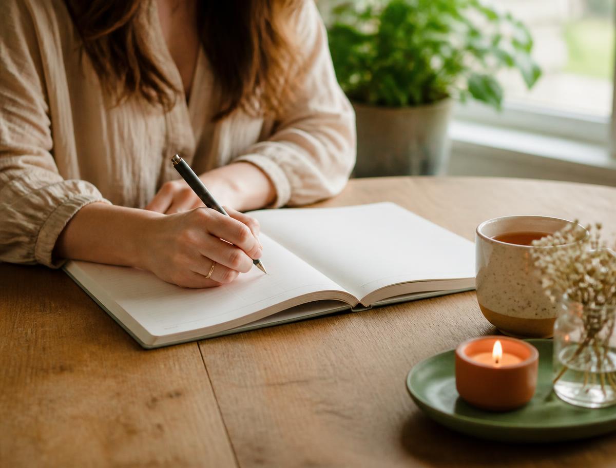 A woman writing in the Begin Within workbook with tea and a candle
