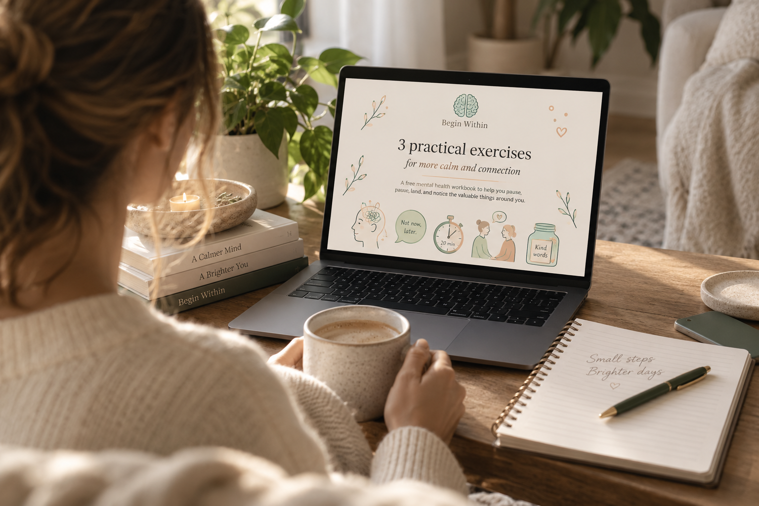 A woman viewing the Begin Within workbook at home