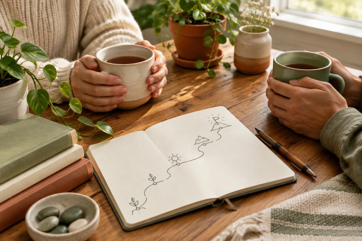 Two people with cups of tea beside a notebook showing a hand-drawn path of steps